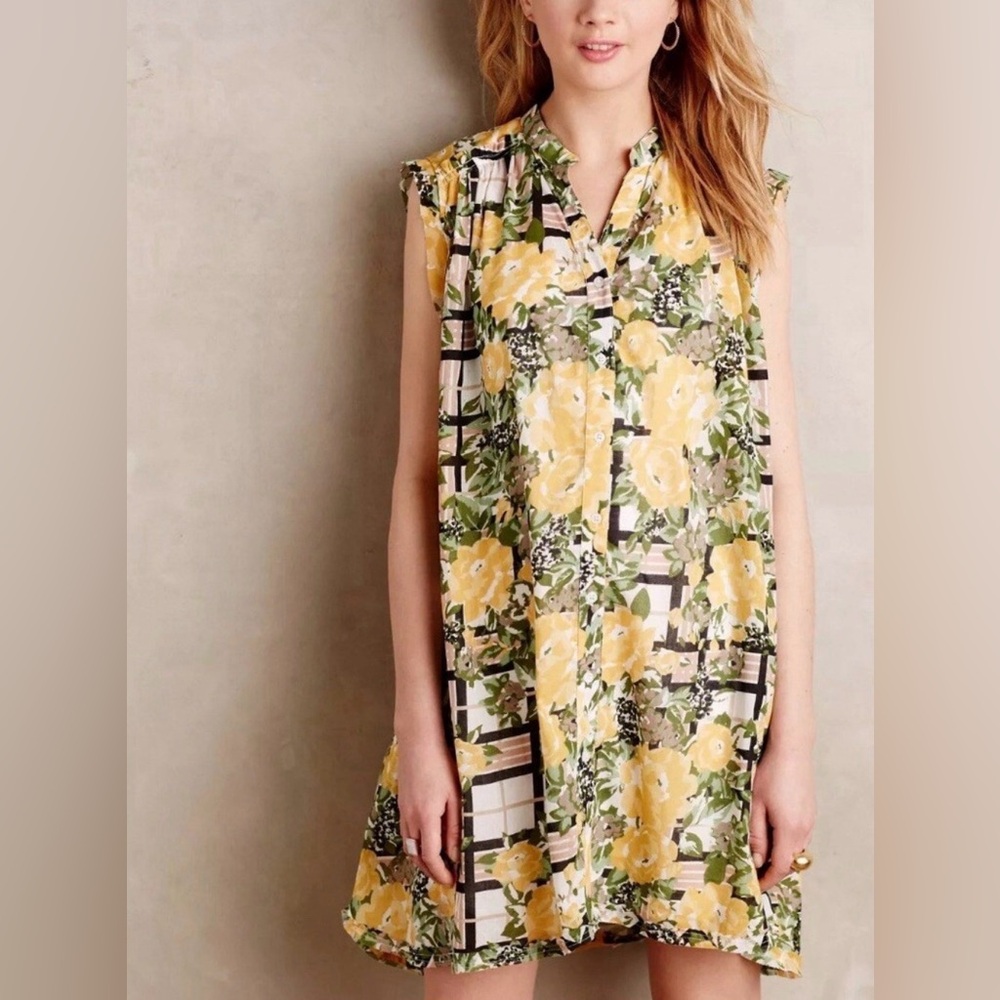 Anthropologie Porridge Yellow Floral Sleeveless Shift Dress, Size Small